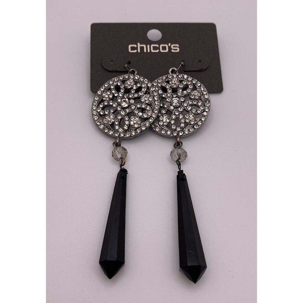 Chicos Crystal Black Gun Metal Earrings Dangle New